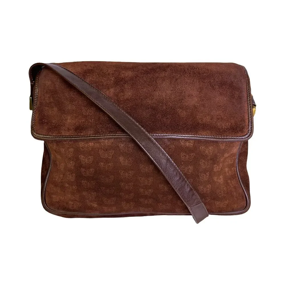 Bottega Veneta Vintage Brown Suede Butterfly Print Shoulder Purse Flap Bag Italy